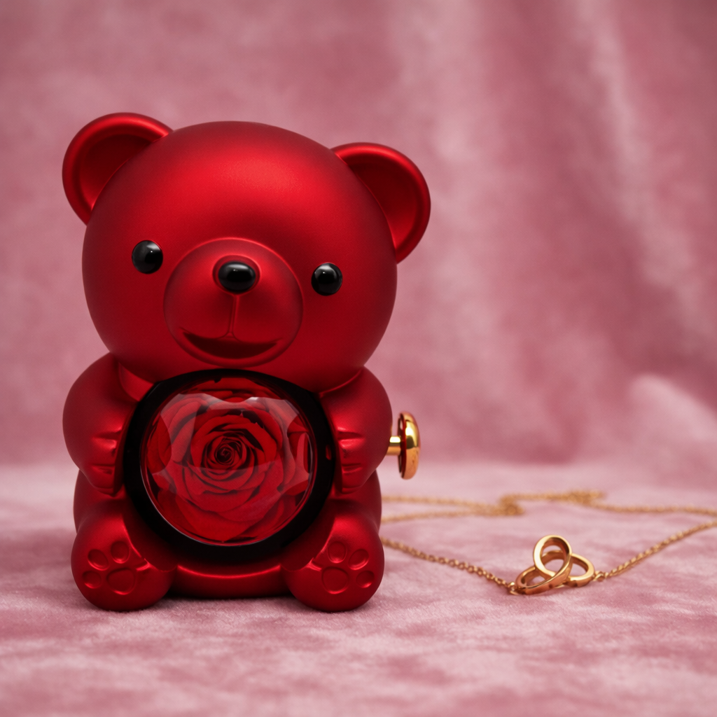 Cadeau Saint-Valentin Inoubliable : Ourson avec Fleur Éternelle & Collier Cœur Gravé