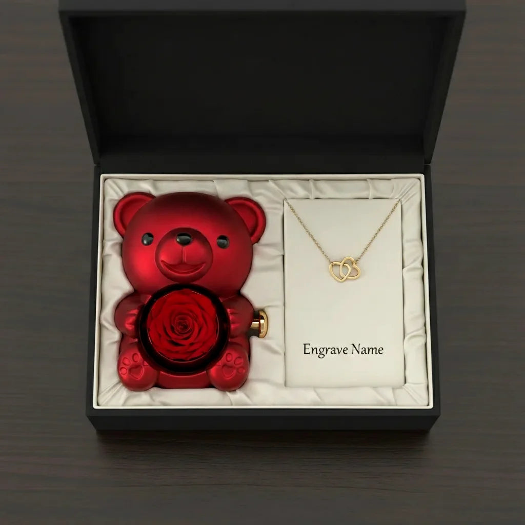 Cadeau Saint-Valentin Inoubliable : Ourson avec Fleur Éternelle & Collier Cœur Gravé